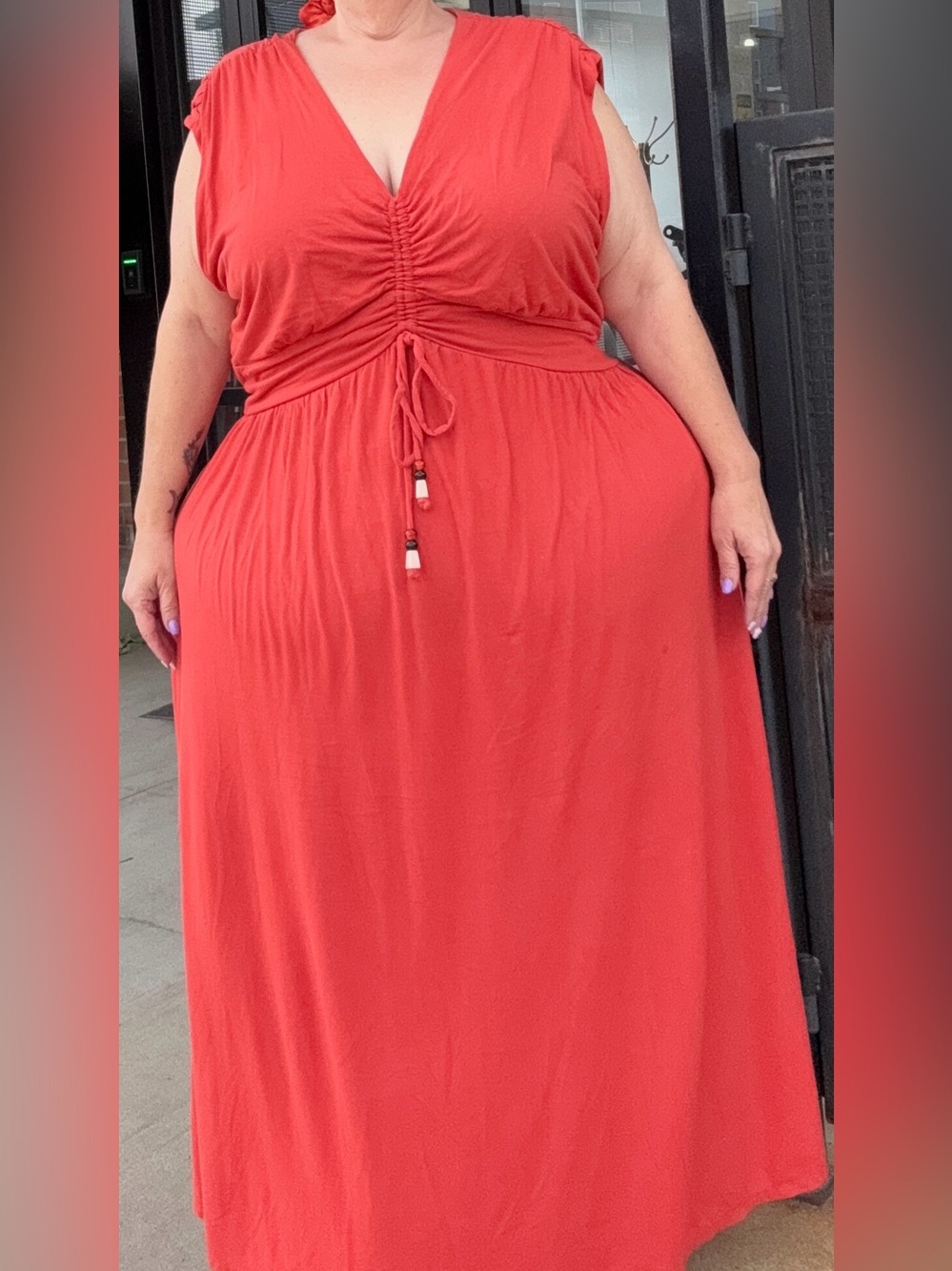 Orange-red V-Neck Ruched Maxi Dress - Women